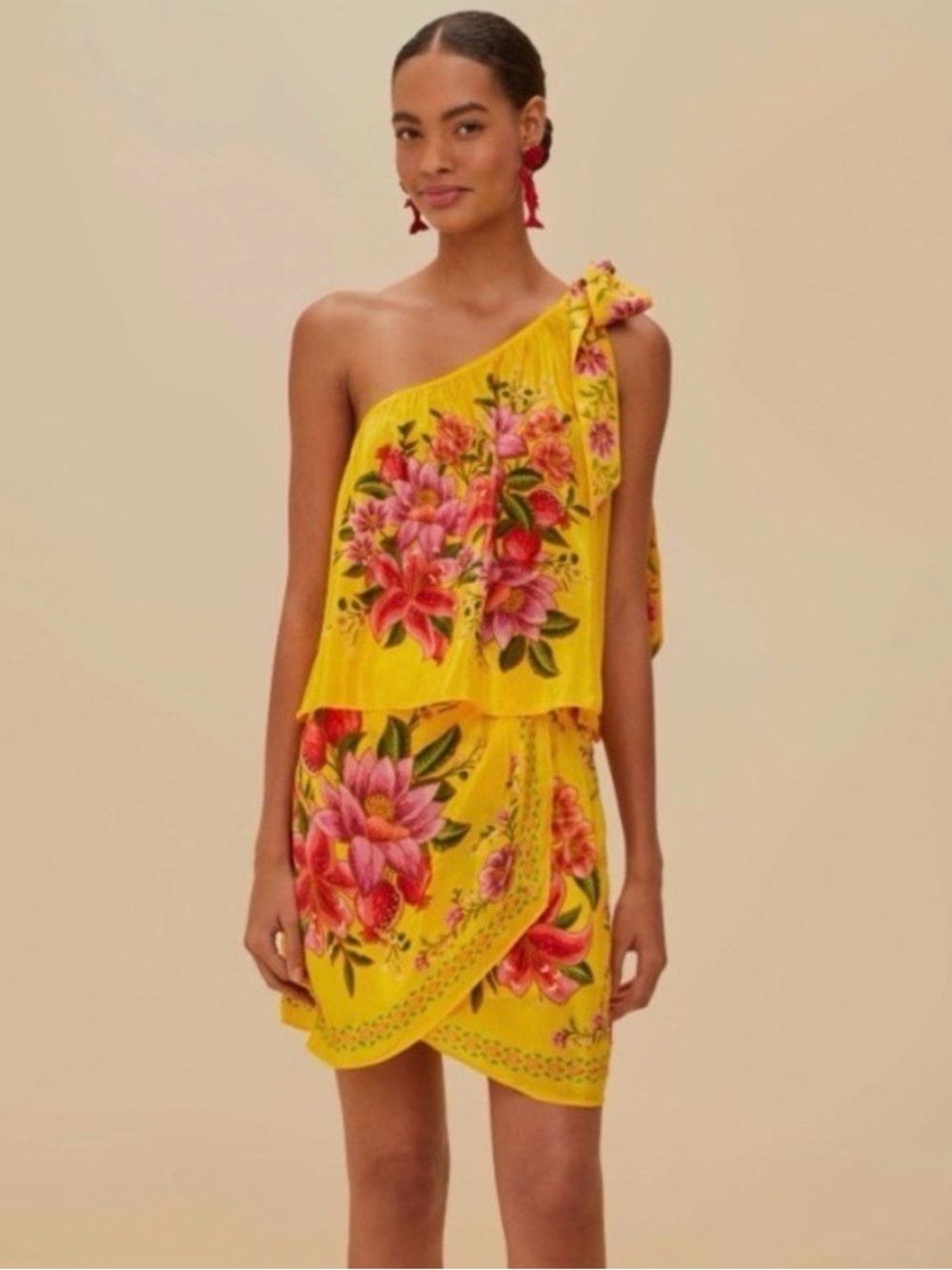 Farm Rio Flower Dream one-shoulder top and matching wrap skirt in yellow floral